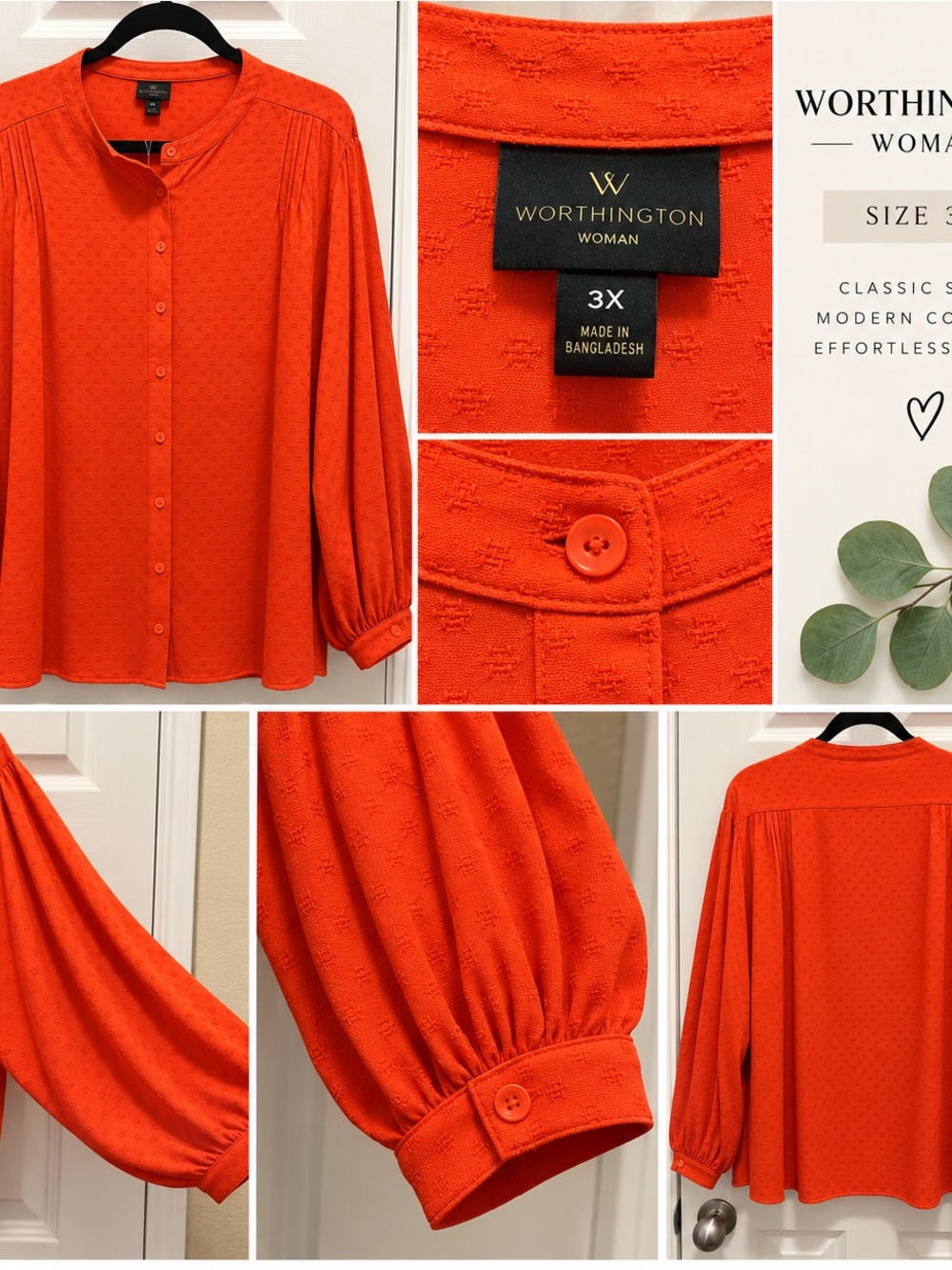 Worthington 3X Orange Textured Button Front Balloon Sleeve Blouse